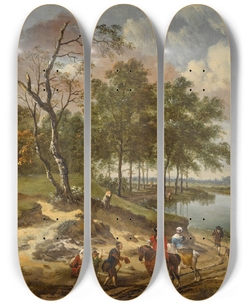 Triptych art skateboard deck of Jan Wijnants A River Landscape With Elegant Travelers And A Beggar In A Dune Landscape by Jan Wijnants (1632-1684)