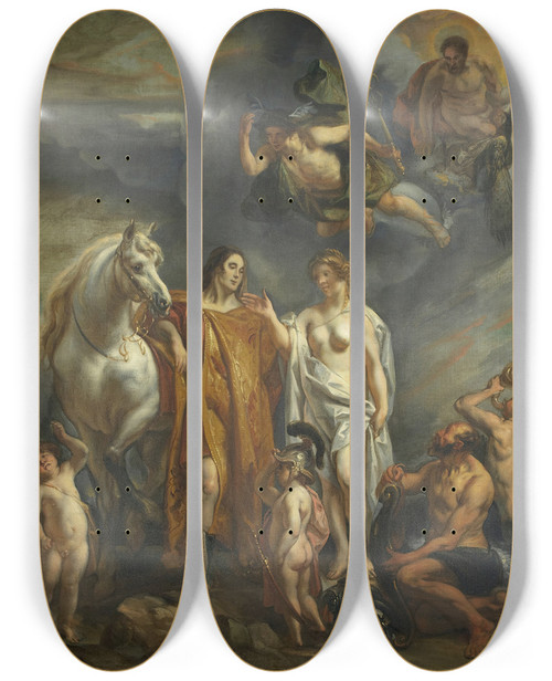 Triptych art skateboard deck of Follower Of Jacob Jordaens Aeneas Aided By The Gods by Follower Of Jacob Jordaens (1593-1678)