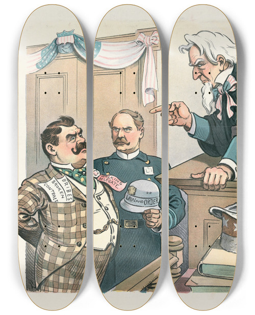 Triptych art skateboard deck of John Samuel Pughe In The Court Of Public Opinion by John Samuel Pughe (1870-1909)