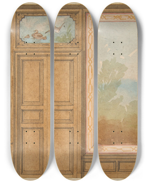 Triptych art skateboard deck of Julesedmondcharles Lachaise Elevation Of A Paneled Wall With A Mural Or Tapestry And A Double Doors Surmounted By A Painting Of Ducks by Jules-Edmond-Charles Lachaise (1897)