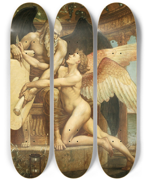 Triptych art skateboard deck of Walter Crane The Roll Of Fate by Walter Crane (1845-1915)