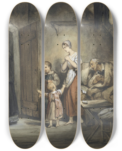 Triptych art skateboard deck of Ary Scheffer Zieke Man In Bed Met Naast Hem Een Vrouw En Twee Kinderen by Ary Scheffer (1795-1858)