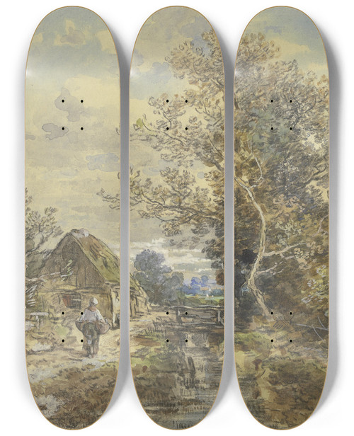Triptych art skateboard deck of Anton Burger Baum Und Bauernhaus Am Bach Mit Einer Frau by Anton Burger (1824-1905)