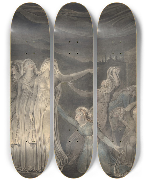 Triptych art skateboard deck of William Blake The Parable Of The Wise And Foolish Virgins by William Blake (1757-1827)