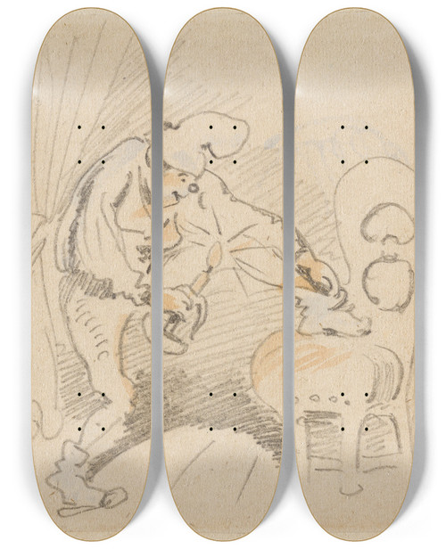 Triptych art skateboard deck of Wilhelm Busch Die Gestrte Aber Glcklich Wieder Errungene Nachtruhe Der Floh 14 by Wilhelm Busch (1832-1908)