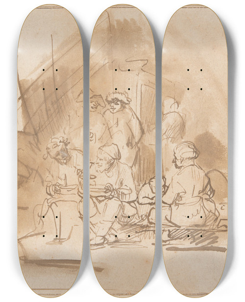 Triptych art skateboard deck of Barent Fabritius Satyr Among The Peasants by Barent Fabritius (1624-1673)