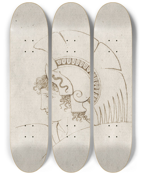 Triptych art skateboard deck of David Humbert De Superville Kop Ve Jonge Krijger Met Bewerkte Helm by David Humbert De Superville (1770-1849)