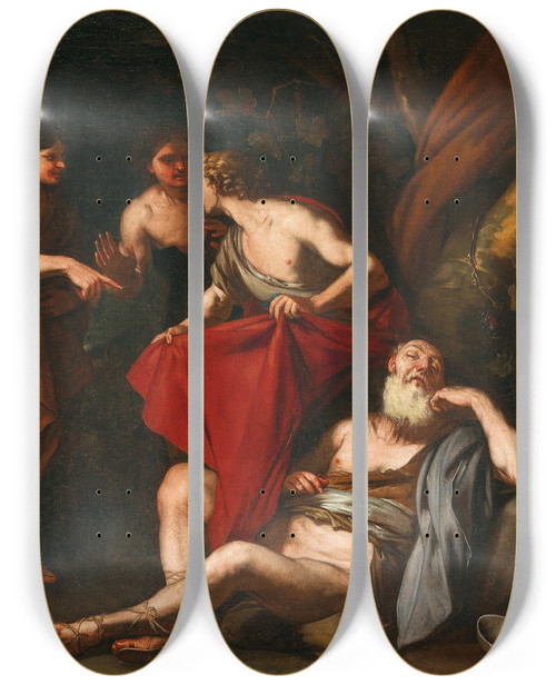 Triptych art skateboard deck of Luca Giordano The Drunkenness Of Noah by Luca Giordano (1634-1705)