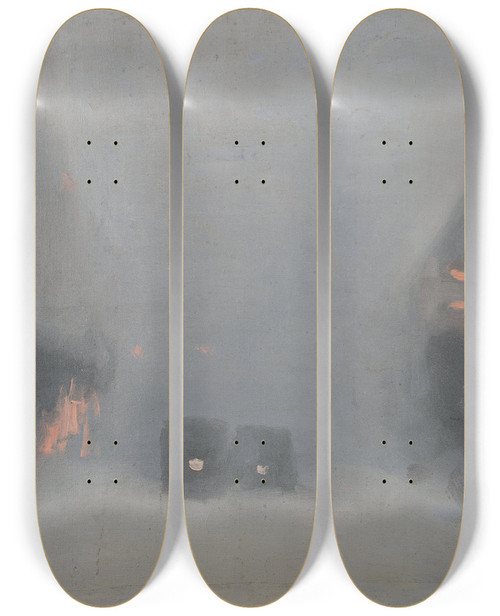 Triptych art skateboard deck of Clarice Beckett Passing Trams by Clarice Beckett (1887-1935)