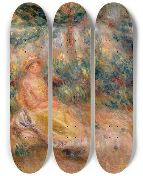 Triptych art skateboard deck of Pierreauguste Renoir Woman In Pink And Yellow In A Landscape Femme En Rose Et Jaune Dans Un Paysage by Pierre-Auguste Renoir (1841-1919)
