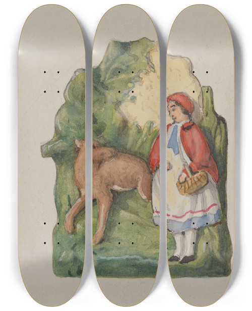 Triptych art skateboard deck of Dana Bartlett Pottery Ornament Of Little Red Riding Hood by Dana Bartlett
