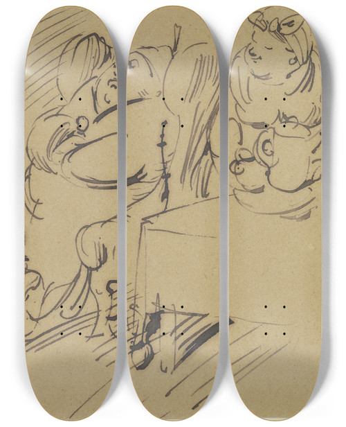 Triptych art skateboard deck of Wilhelm Busch Frau Knopp Serviert Ihrem Mann Kaffee by Wilhelm Busch (1832-1908)