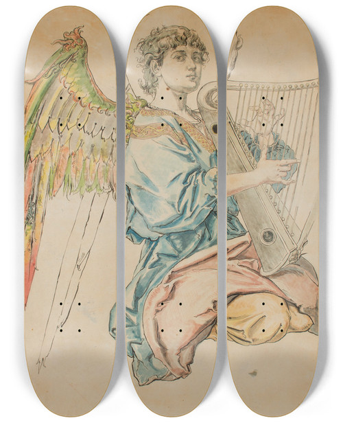 Triptych art skateboard deck of Jan Matejko Figure Of An Angel Playing The Lute by Jan Matejko (1838-1893)