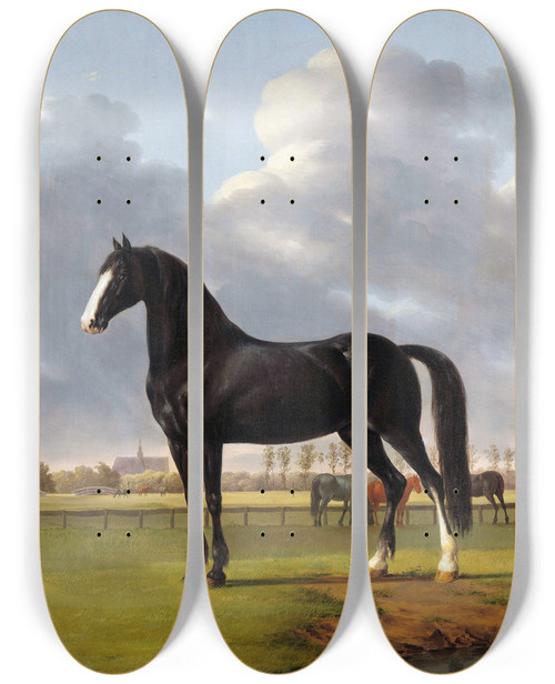 Triptych art skateboard deck of Anthony Oberman Adriaan Van Der Hoops Trotter De Vlugge The Fast One In A Meadow by Anthony Oberman (1781-1845)
