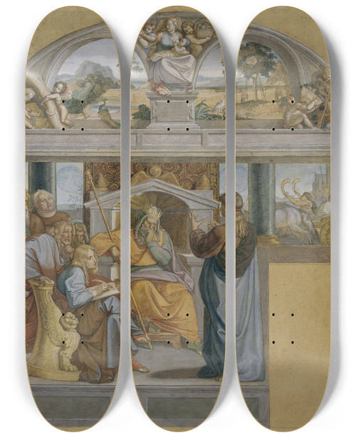 Triptych art skateboard deck of Peter Von Cornelius Joseph Interpreting Pharaohs Dreams by Peter Von Cornelius (1784-1867)