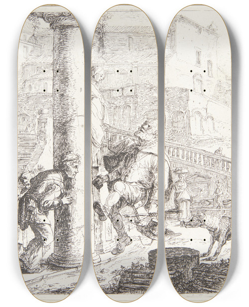 Triptych art skateboard deck of Thomas Wijck Blind Tigger Som Stder Ind I En Sjle by Thomas Wijck (1616-1677)