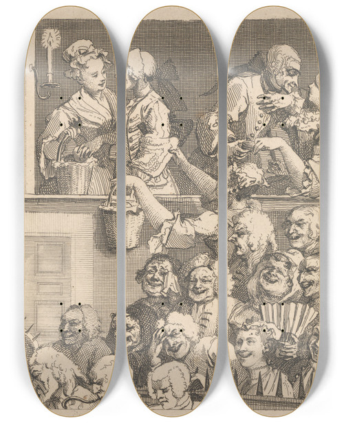 Triptych art skateboard deck of William Hogarth The Laughing Audience by William Hogarth (1697-1764)