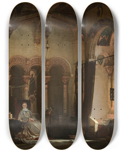 Triptych art skateboard deck of August Von Bayer Joan Of France As A Nun In The Convent At Bourges by August Von Bayer (1803-1875)