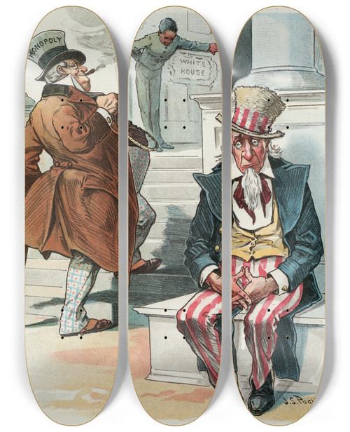 Triptych art skateboard deck of John Samuel Pughe When Mckinley Is President by John Samuel Pughe (1870-1909)