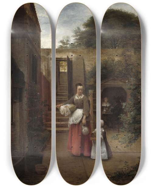 Triptych art skateboard deck of Pieter De Hooch Woman And Child In A Courtyard by Pieter De Hooch (1629-1684)
