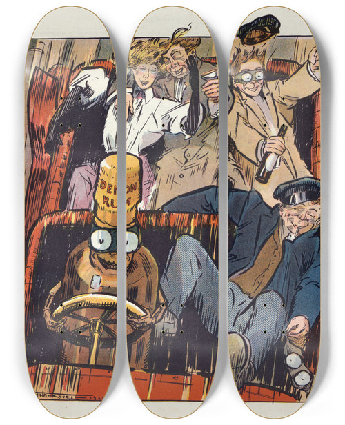 Triptych art skateboard deck of Frank Arthur Nankivell One Phase Of It by Frank Arthur Nankivell (1869-1959)