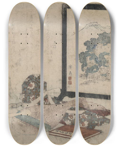 Triptych art skateboard deck of Keisai Eisen Heike Monogatari To Biwa To Tsuitate by Keisai Eisen (1790-1848)