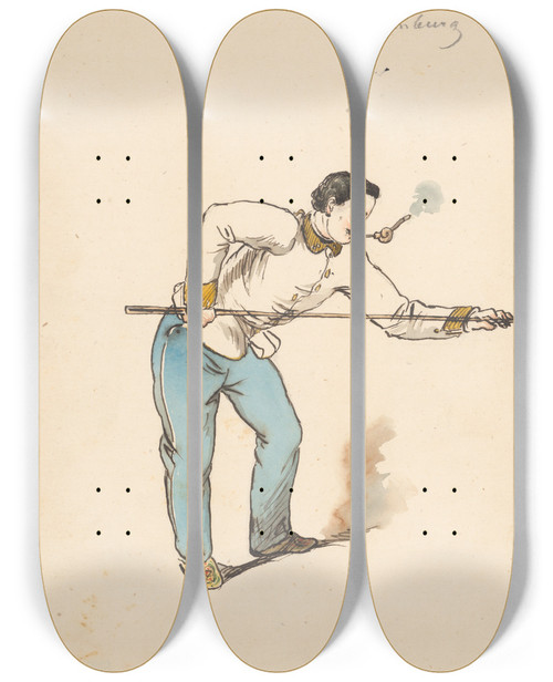Triptych art skateboard deck of Friedrich Carl Von Scheidlin While Playing Billiard by Friedrich Carl Von Scheidlin (1822-1913)