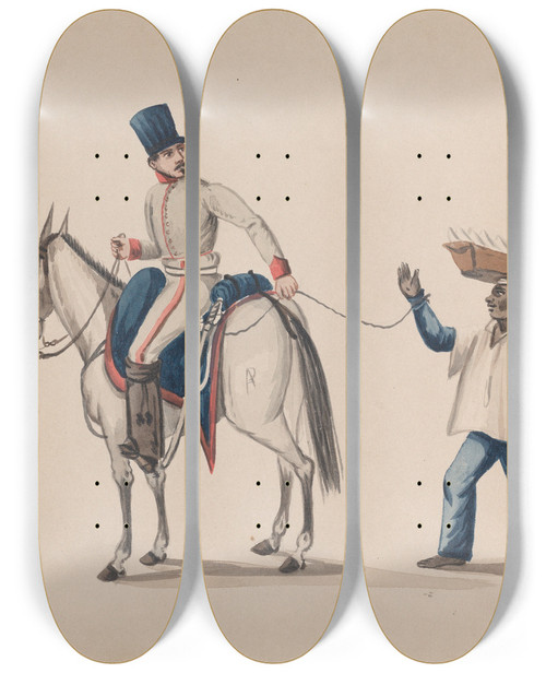 Triptych art skateboard deck of Francisco Fierro A Soldier On Horseback Holding A Rope That Secures An Enslaved Indigenous Man Who Is Balancing A Basket On His Head by Francisco Fierro (1807-1879)