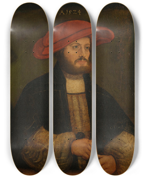 Triptych art skateboard deck of Anton Woensam Portrait Of A Gentleman In A Red Cap Before A Ledge by Anton Woensam (1493-1541)
