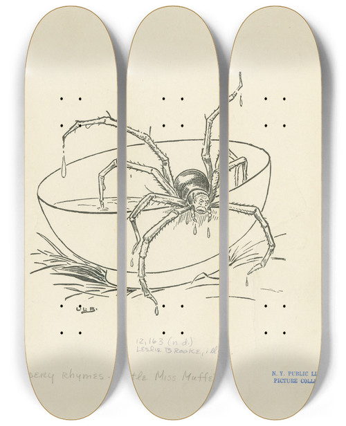 Triptych art skateboard deck of Leonard Leslie Brooke There Came A Big Spider by Leonard Leslie Brooke (1862-1940)