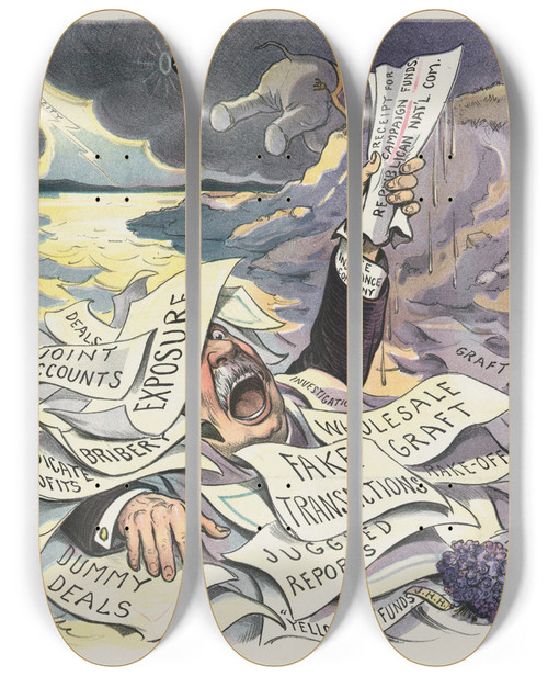 Triptych art skateboard deck of John Samuel Pughe Wheres My Square Deal by John Samuel Pughe (1870-1909)