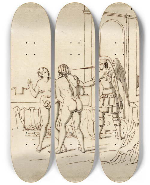 Triptych art skateboard deck of David Humbert De Superville The Expulsion From Paradise After A Fresco In The Camposanto At Pisa by David Humbert De Superville (1770-1849)
