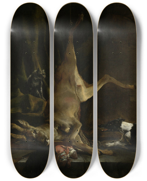Triptych art skateboard deck of Jan Baptist Weenix A Dog And A Cat Near A Partially Disembowelled Deer by Jan Baptist Weenix (1621-1660)