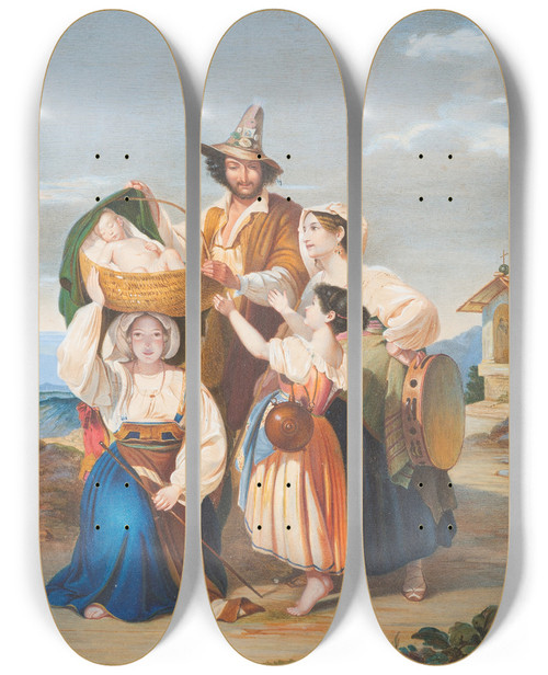 Triptych art skateboard deck of Franz Ludwig Catel Familiy Of Sheperds On A Hill by Franz Ludwig Catel (1778-1856)