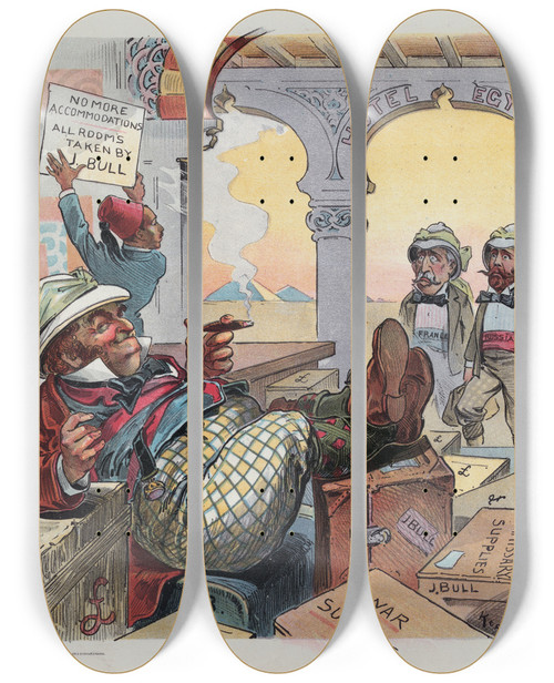 Triptych art skateboard deck of Udo Keppler He Has Come To Stay by Udo Keppler (1872-1956)