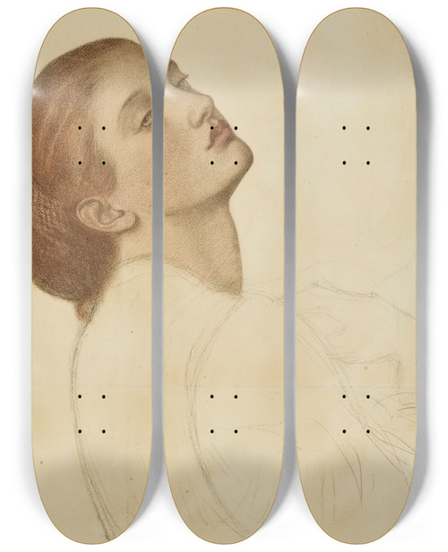 Triptych art skateboard deck of Dante Gabriel Rossetti Study For Marigolds The Bower Maiden Fleurdemarie by Dante Gabriel Rossetti (1828-1882)