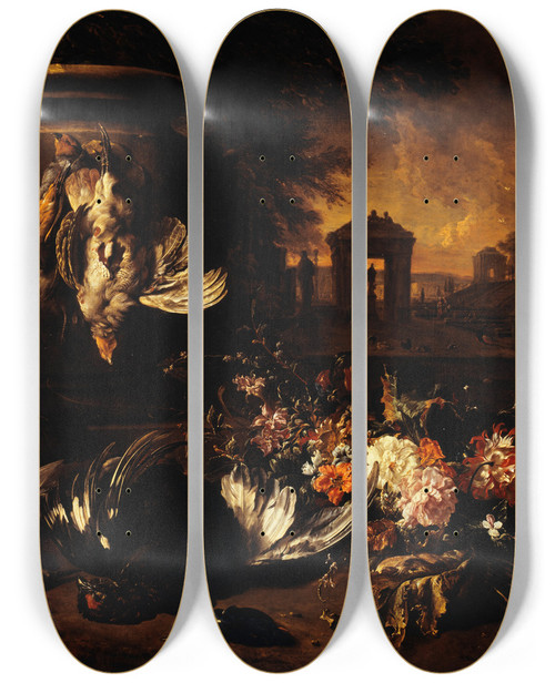 Triptych art skateboard deck of Jan Weenix Fleurs Et Gibier Mort Devant Un Paysage by Jan Weenix (1641-1719)