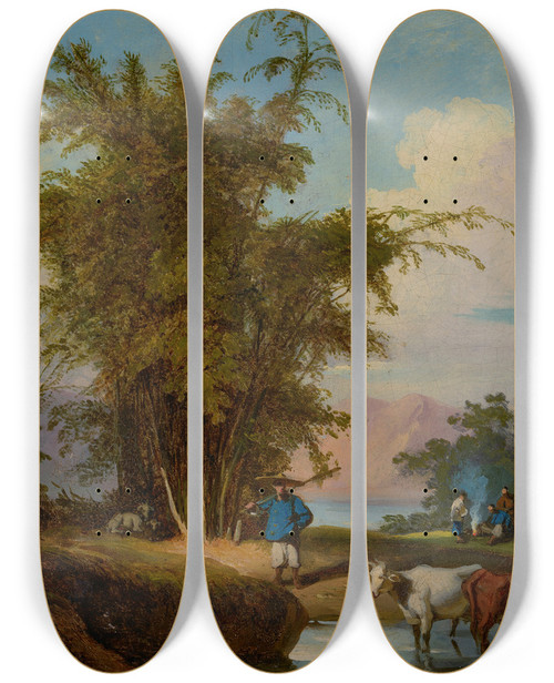 Triptych art skateboard deck of George Chinnery A Landscape In Macau With A Herdsman And Cattle Watering A Stand Of Bamboo Beyond by George Chinnery (1774-1852)
