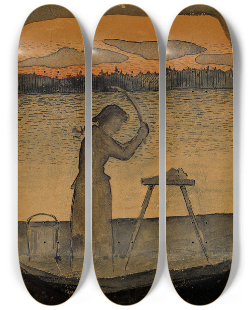 Triptych art skateboard deck of Hugo Simberg Doing The Laundry by Hugo Simberg (1873-1917)