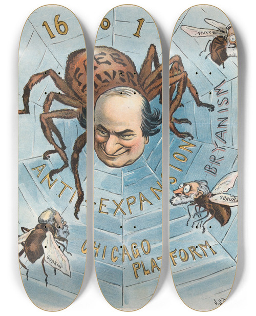 Triptych art skateboard deck of John Samuel Pughe The Spider And The Three Silly Flies by John Samuel Pughe (1870-1909)