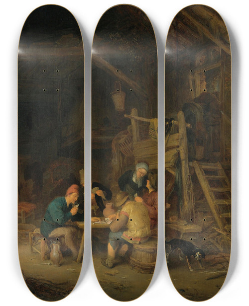 Triptych art skateboard deck of Adriaen Van Ostade Four Card Players In A Rustic Interior by Adriaen Van Ostade (1610-1684)