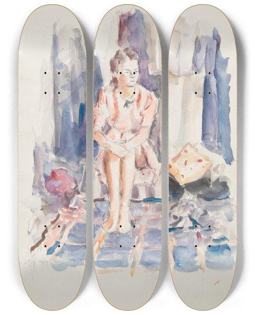 Triptych art skateboard deck of Ivan Ivanec Studium Modej Kobiety Siedzcej Na Niskim Posaniu Z Rkami Obejmujcymi Kolana by Ivan Ivanec (1893-1946)