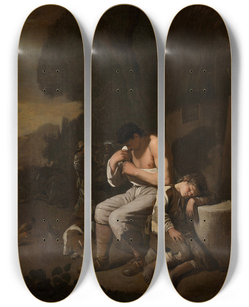 Triptych art skateboard deck of Michael Sweerts A Sleeping Boy And A Man Removing Fleas From Himself by Michael Sweerts (1618-1664)