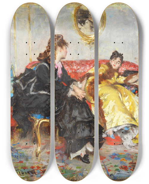 Triptych art skateboard deck of Giovanni Boldini Due Signore Sedute In Un Interno by Giovanni Boldini (1842-1931)