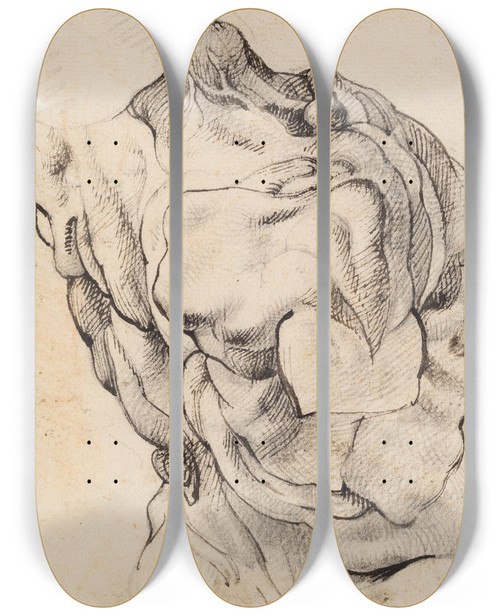 Triptych art skateboard deck of Willem Panneels Anatomical Study Corch Torso Of A Flayed Man Seen From The Back Half Turned To The Right by Willem Panneels (1600-1634)
