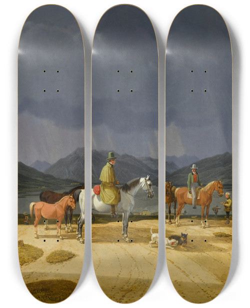 Triptych art skateboard deck of Wilhelm Von Kobell Riders Before The Tegernsee by Wilhelm von Kobell (1766-1853)