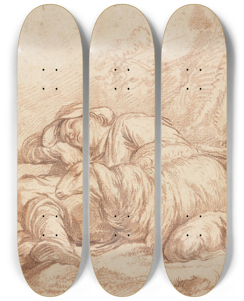 Triptych art skateboard deck of Pierre Alexandre Wille A Sleeping Shepherd by Pierre Alexandre Wille (1748-1837)