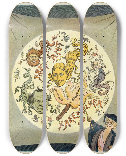 Triptych art skateboard deck of John Samuel Pughe The Democratic Microbes by John Samuel Pughe (1870-1909)