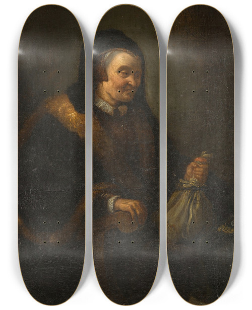 Triptych art skateboard deck of Follower Of Rembrandt Van Rijn An Old Woman With Apurse And Coins At A Table Allegory Of Avarice by Follower of Rembrandt van Rijn (1606-1669)