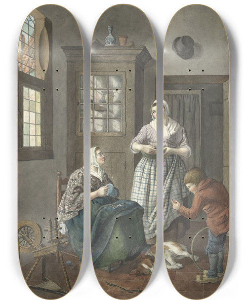 Triptych art skateboard deck of Hendrik Jan Van Amerom Interieur Met Naaiende Vrouw Dienstmeid En Spelende Jongen by Hendrik Jan Van Amerom (1776-1833)